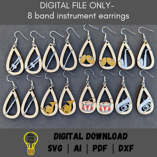 Set of 8 marching band instrument earring SVG bundle
