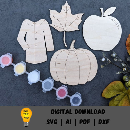 Autumn Paint Kit svg - Kids craft Digital File - Includes leaf, pumpkin, apple, coat - Cut and score laser cut file designed for Glowforge