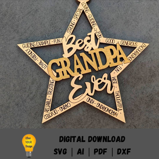 Grandpa svg - Best Grandpa ever ornament or car charm svg - Star ornament - Cut and score laser cut file designed for Glowforge
