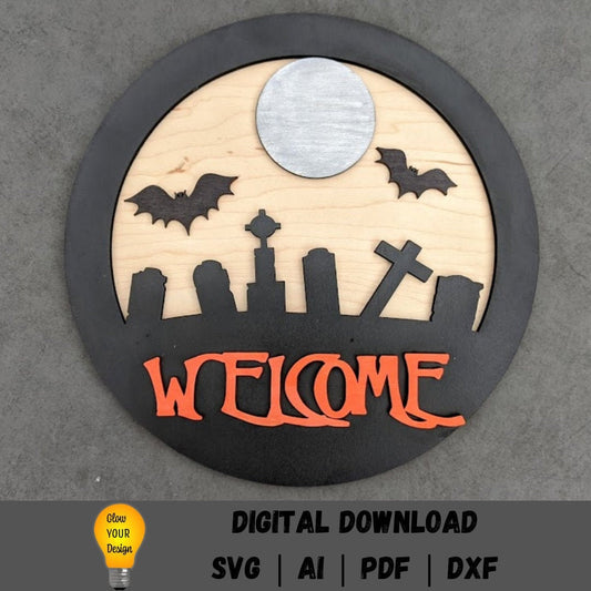 Halloween svg -Welcome sign digital file - Halloween wall hanging svg with graveyard, bats, moon - Digital Download Designed for Glowforge