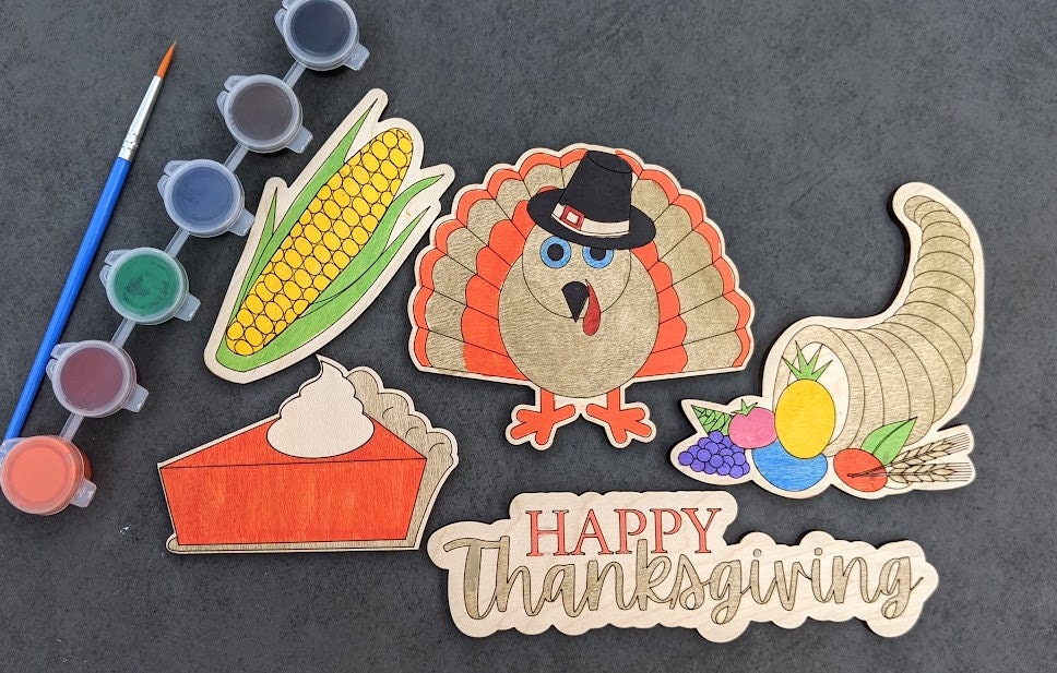 Thanksgiving paint kit svg - Cut and score digital download including turkey, corn, pumpkin pie, cornucopia - Laser cut file designed for Glowforge