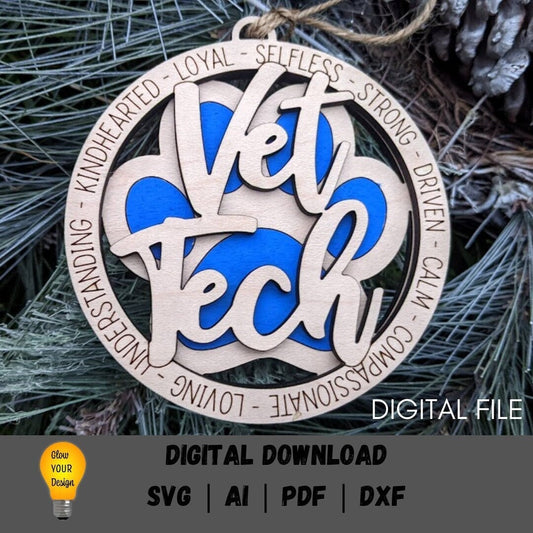 Vet tech svg - Ornament or car charm digital file - Gift for Veterinarian or Vet tech - Cut and score laser cut file designed for Glowforge