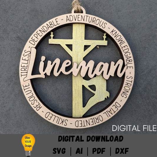 Lineman svg - Ornament or car charm digital file - Powerline technician or Electrician svg - Cut and Score Laser cut file designed for Glowforge