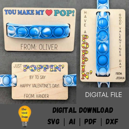 Pop bracelet valentine digital file - Set of 3 classroom valentine gift svg bundle - Cut and score digital download designed for Glowforge