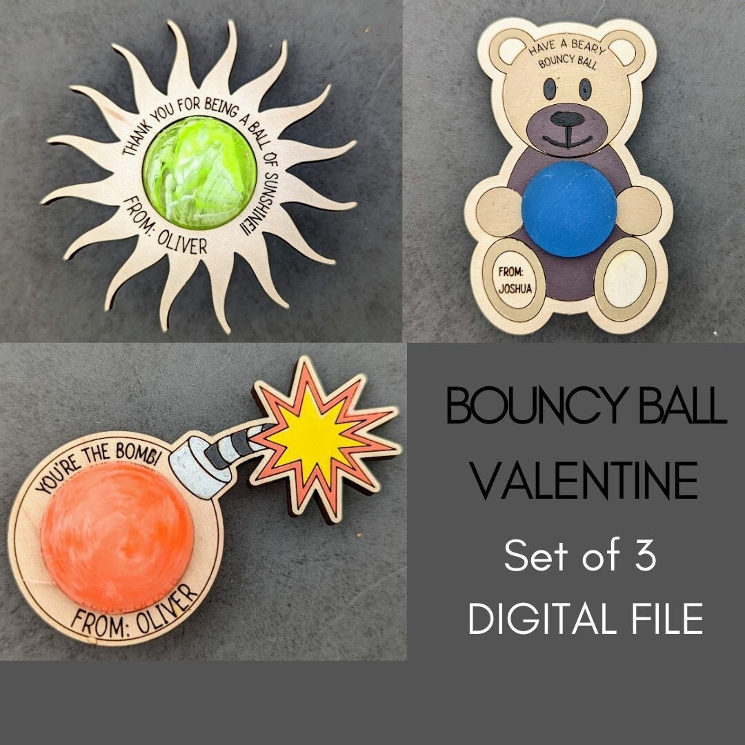 Bouncy ball svg bundle - Classroom valentine svg with hole for bouncy ball - includes sun, bear, bomb - Cut and score digital download designed for Glowforge