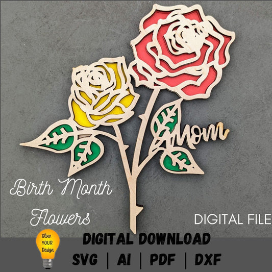 Rose svg - Mothers day gift svg - June birth month flower digital download - Plant stake svg for flowers or plants - Cut and score laser cut file designed for Glowforge