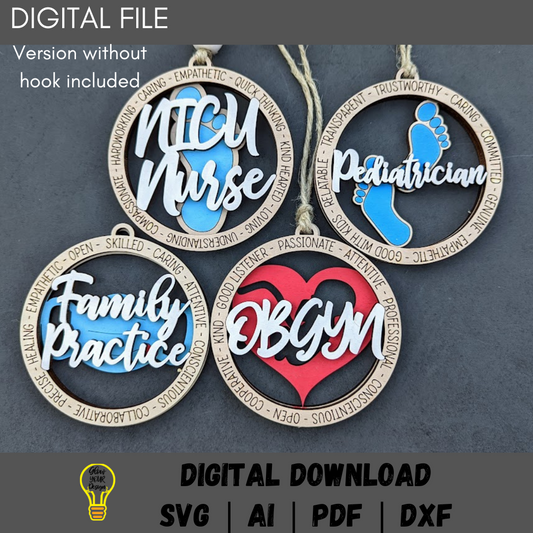 Family Medical SVG bundle - Family Practice, NICU, Pediatrician, OBGYN gift - Ornament or Car charm svg - Laser cut file made for Glowforge