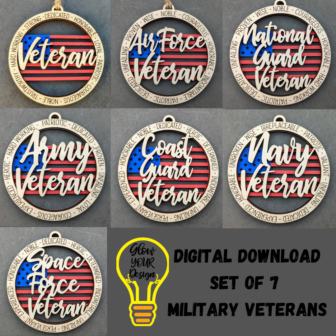 Set of 7 Military Veteran ornament/car charm SVG digital files