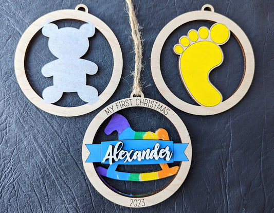 Baby's first Christmas ornament - Personalize with baby's name - 3 different backings included