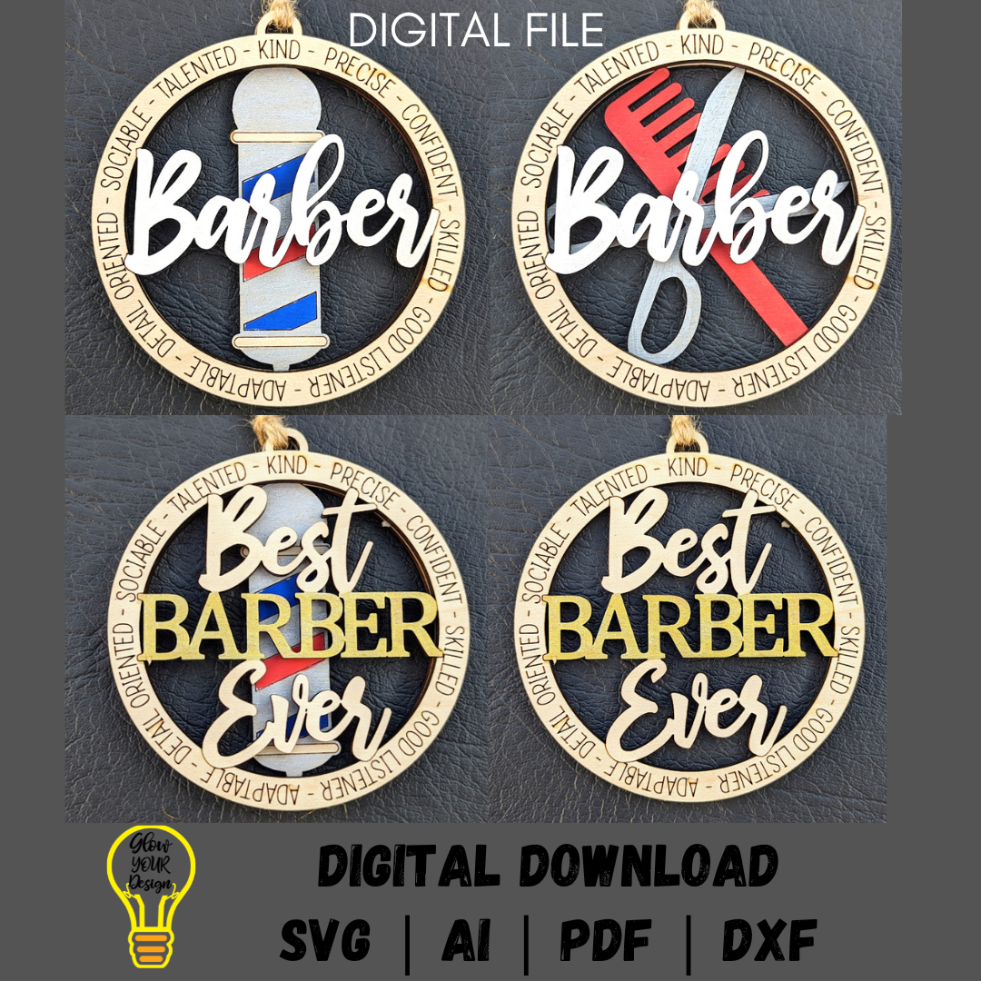 Barber svg, Hair cutter ornament svg file, Car charm or ornament digital file, Cut and score Digital Download Made for Glowforge,