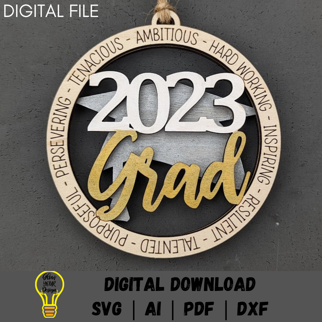 2023 grad svg, Graduate car charm digital file - Gift for 2023 Senior - Can be personalized on back, Laser cut file designed for Glowforge