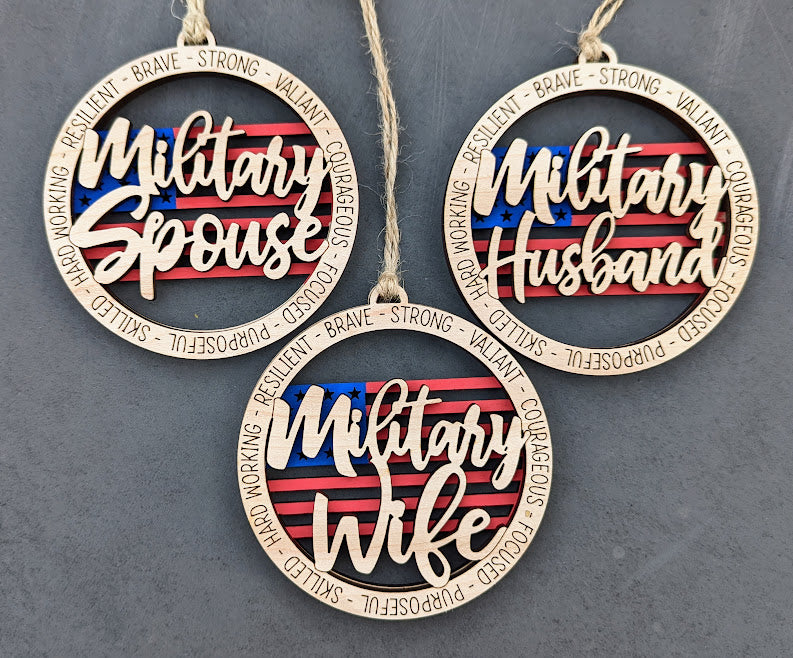 Military Spouse svg bundle, Ornament or car charm laser cut file with Military Wife, Spouse, Husband, Double sided with flag background