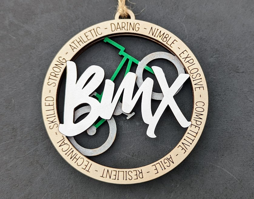 BMX svg - Bicycle Motocross rider gift - Ornament or Car charm svg - Can be customized with name or message - Laser cut file for Glowforge