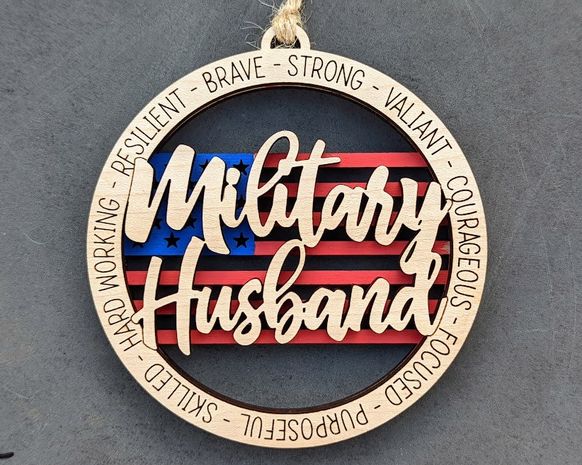 Military Husband car charm svg, Military spouse svg, Double layer ornament with flag background, Cut & score cut file designed for Glowforge