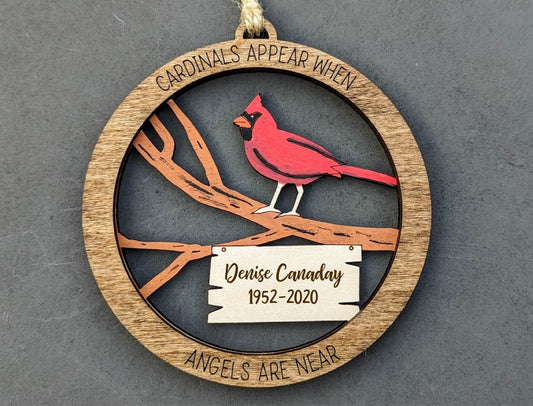 Memorial ornament svg - Ornament or car charm digital file - Cardinal ornament laser cut file - Personalization can be added - Glowforge ready