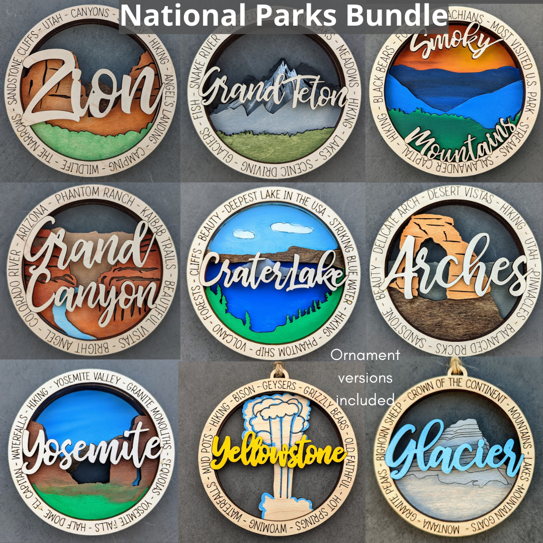 National Parks svg bundle, Set of 9 multi-layered wall hanging & ornament digital files, including Arches, Yosemite, Zion, Grand Canyon