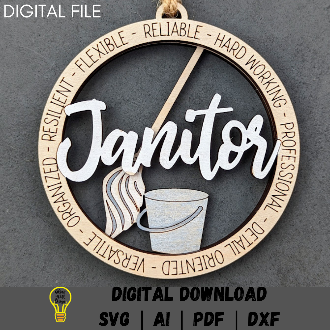 Janitor svg ornament digital file - Gift for custodian or janitor file - Car charm ornament svg - Score and Cut Digital Download Made for Glowforge