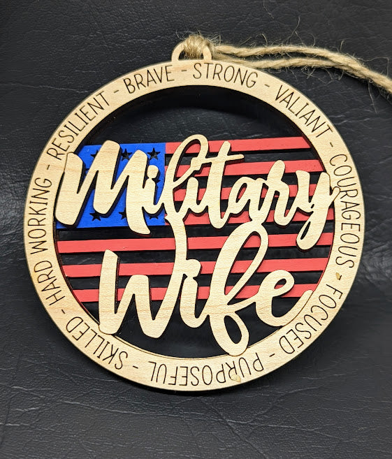 Military Wife car charm svg, Military spouse svg, Double layer ornament with flag background, Cut & score cut file designed for Glowforge