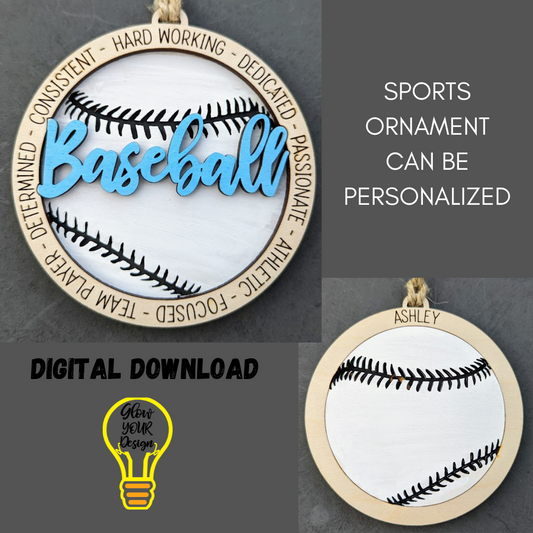 Baseball svg - Gift for Baseball Player DIGITAL FILE - Ornament, wall hanging or Car charm svg - Can be customized with name or message, includes set with and without ornament hooks - Laser cut file designed for Glowforge