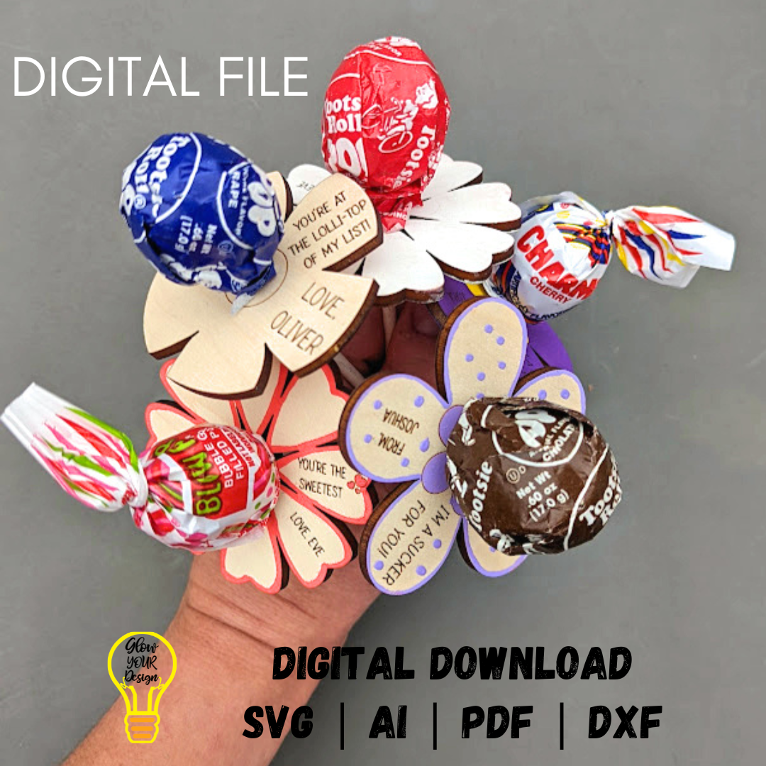 Classroom valentine svg, Lollipop sucker holder digital file, Set of 4 flowers kid's classroom valentine, Cut score Glowforge Laser cut file