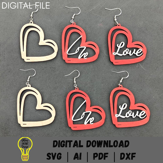 Love earrings digital download, Heart svg bundle, Quick cut and score SVG laser cut file, Valentine earring file, Glowforge digital download