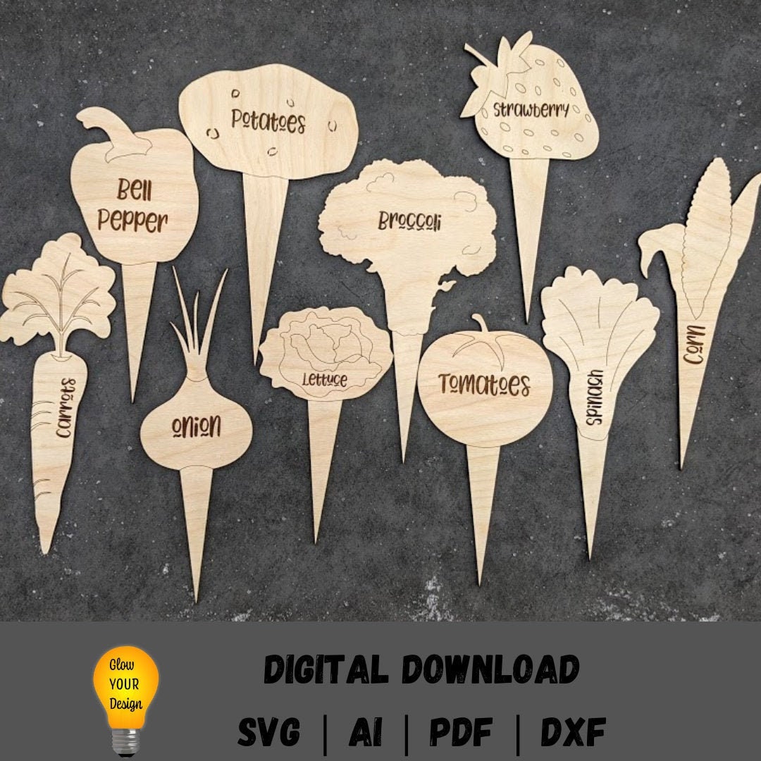 Garden Stakes SVG - Set of 10 Garden Fruit and Vegetables Digital File - Wood Plant Markers Designed and tested on a Glowforge - Laser cut file