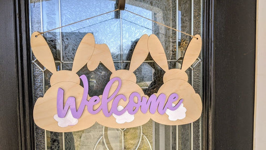 Spring Door Hanger svg - Easter Bunny Welcome sign digital file - Cut and score laser cut file designed for Glowforge