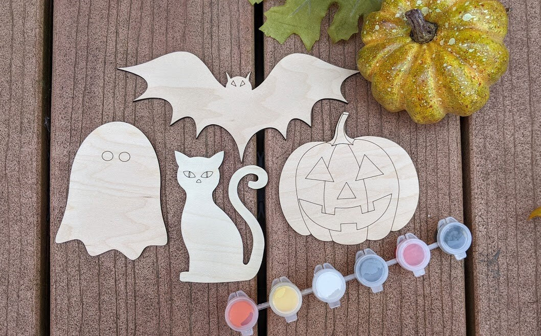 Halloween Paint Kit svg - Cut and score digital download including ghost, cat, jack o lantern, bat - Laser cut file designed for Glowforge