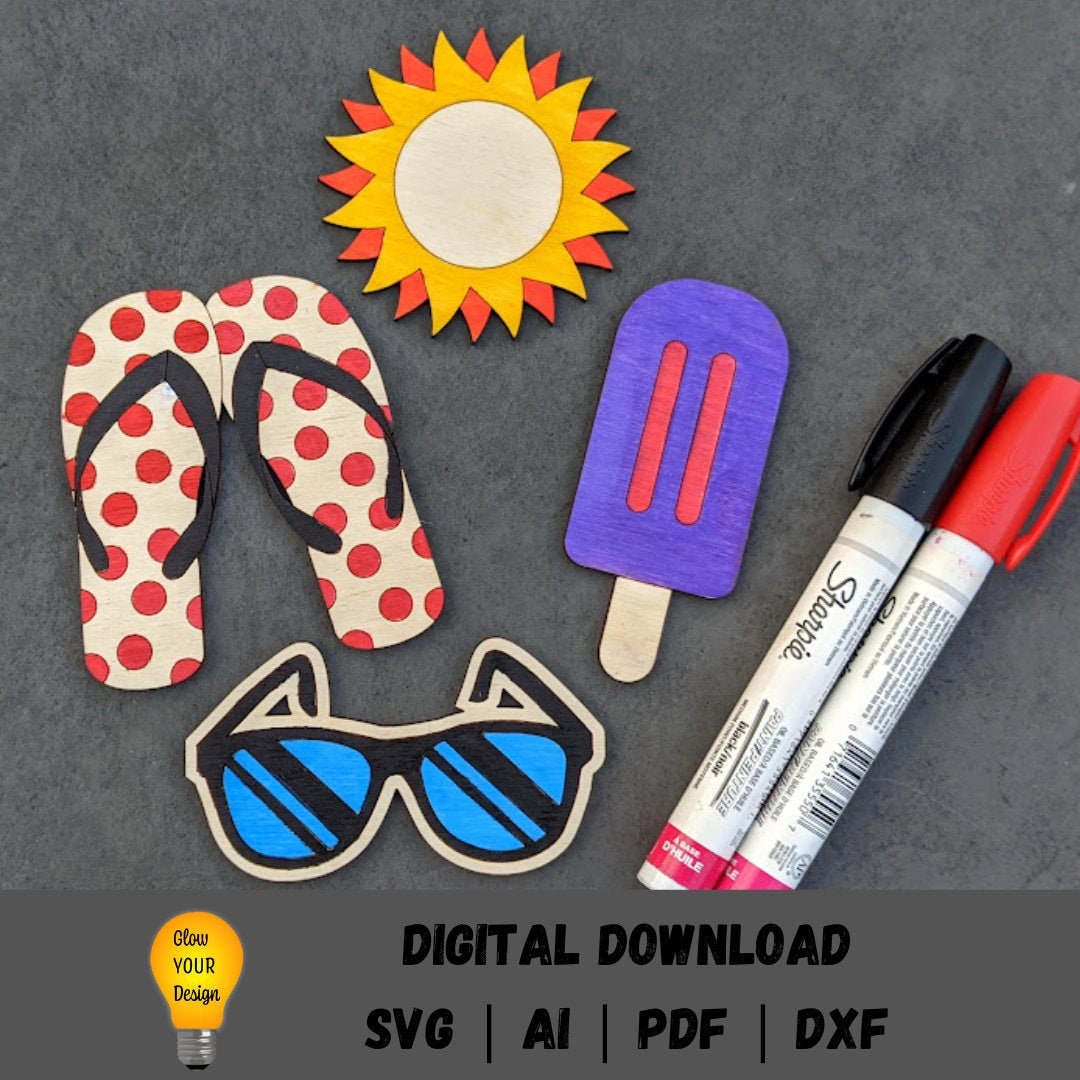 Summer paint kit svg - Includes sun, flip flops, sunglasses, popsicle - Paint kit for kids DIGITAL FILE - Laser cut file designed for Glowforge