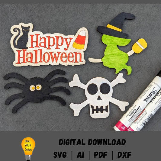 Colored paint kit including Happy Halloween, witch, spider, skull