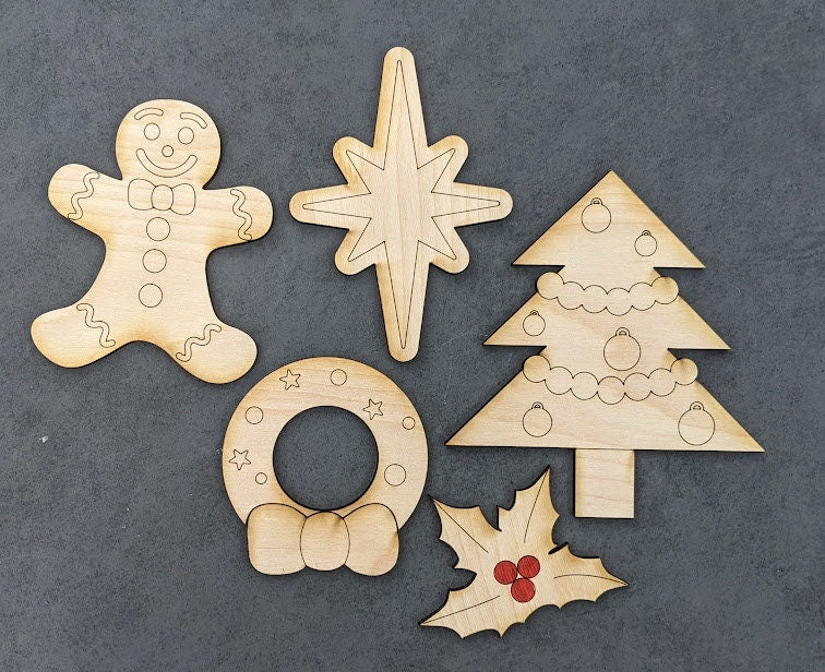 Christmas paint Kit svg - Laser cut file including Gingerbread man, Star, Christmas tree, Wreath and holly leaves -  Cut and Score digital download designed for Glowforge