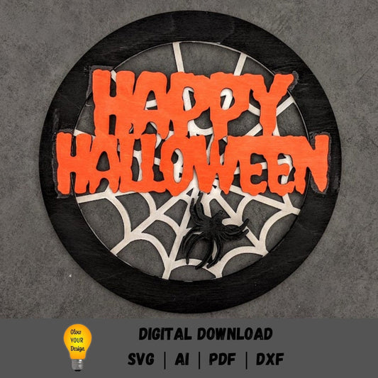 Halloween svg - Happy Halloween digital file - Halloween wall hanging svg with spider and spiderweb - Laser cut file Designed for Glowforge
