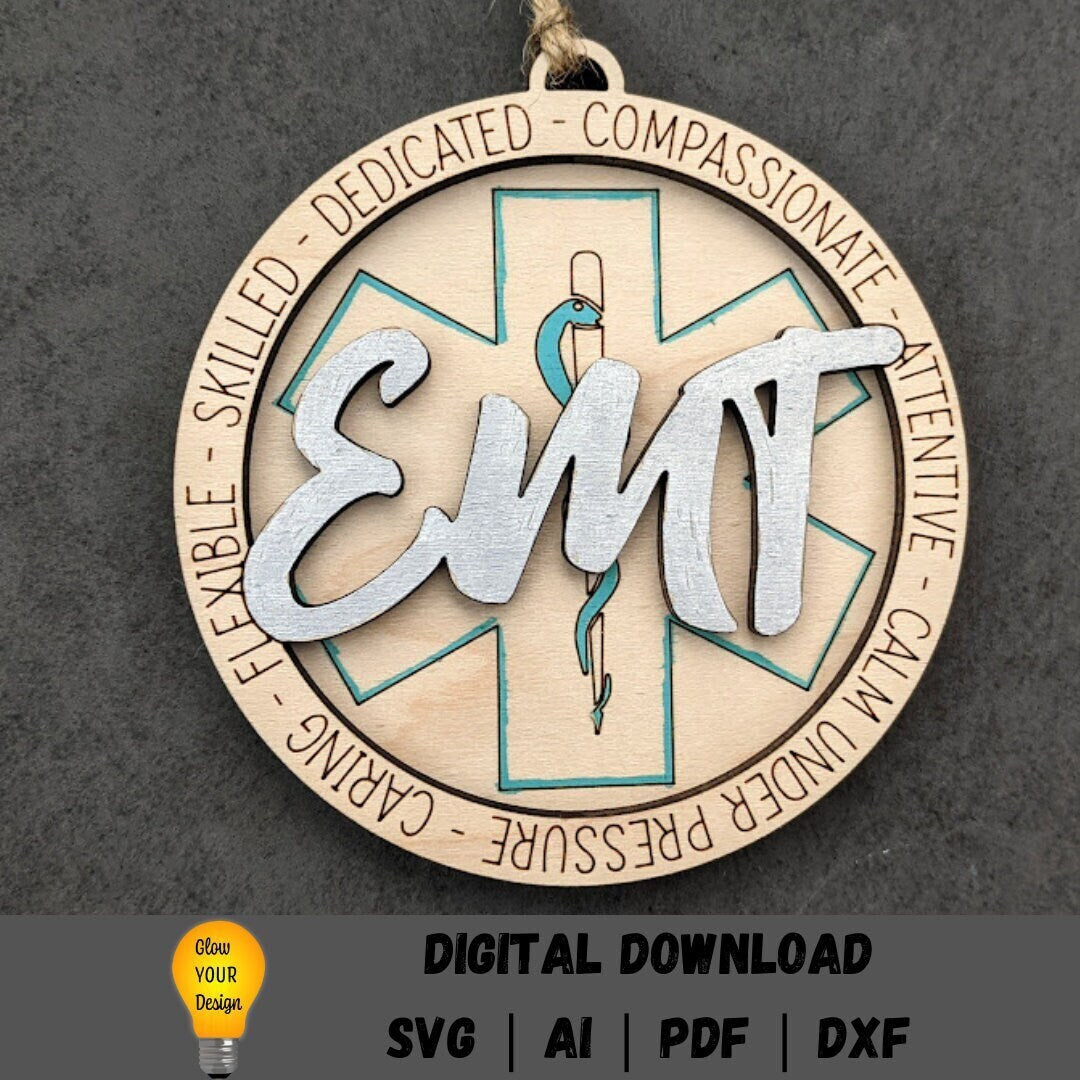 EMT svg - Ornament or car charm digital file - Gift for Emergency medical technician - Laser cut file tested on Glowforge - Score and cut only file