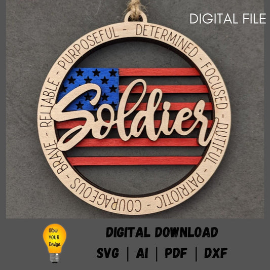 Soldier ornament svg, Military svg, Army soldier double layer car charm with flag background, Cut and score Digital Download for Glowforge