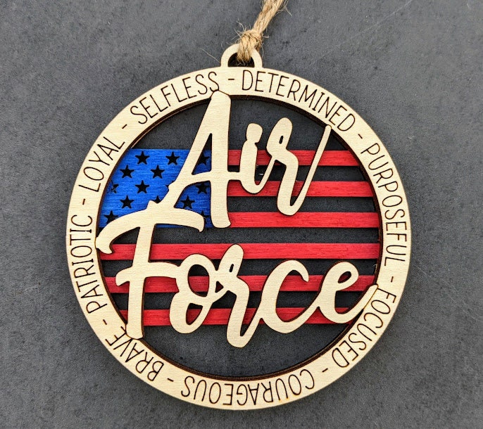 Air force svg - Set of 3 Air force car charms with flag layer, including Air Force, Airman, and Air Force Wife - Ornament or car charm digital file - Cut and score laser cut file designed for Glowforge