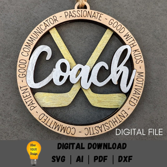 Hockey svg - Ornament or Car charm digital file - Gift for Hockey Coach - Customizable with name or message - Cut & score only digital download designed for Glowforge