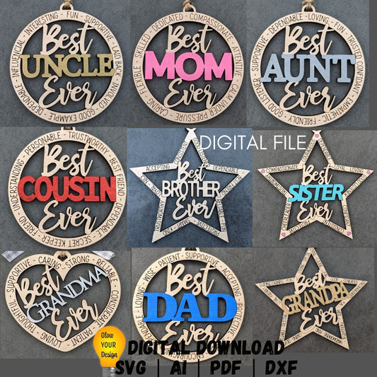 Family SVG bundle - Set of 9 ornament SVG's including Mom, Dad, Brother, Sister, Aunt, Uncle, Grandma, Grandpa, Cousin - Laser cut file Designed for Glowforge