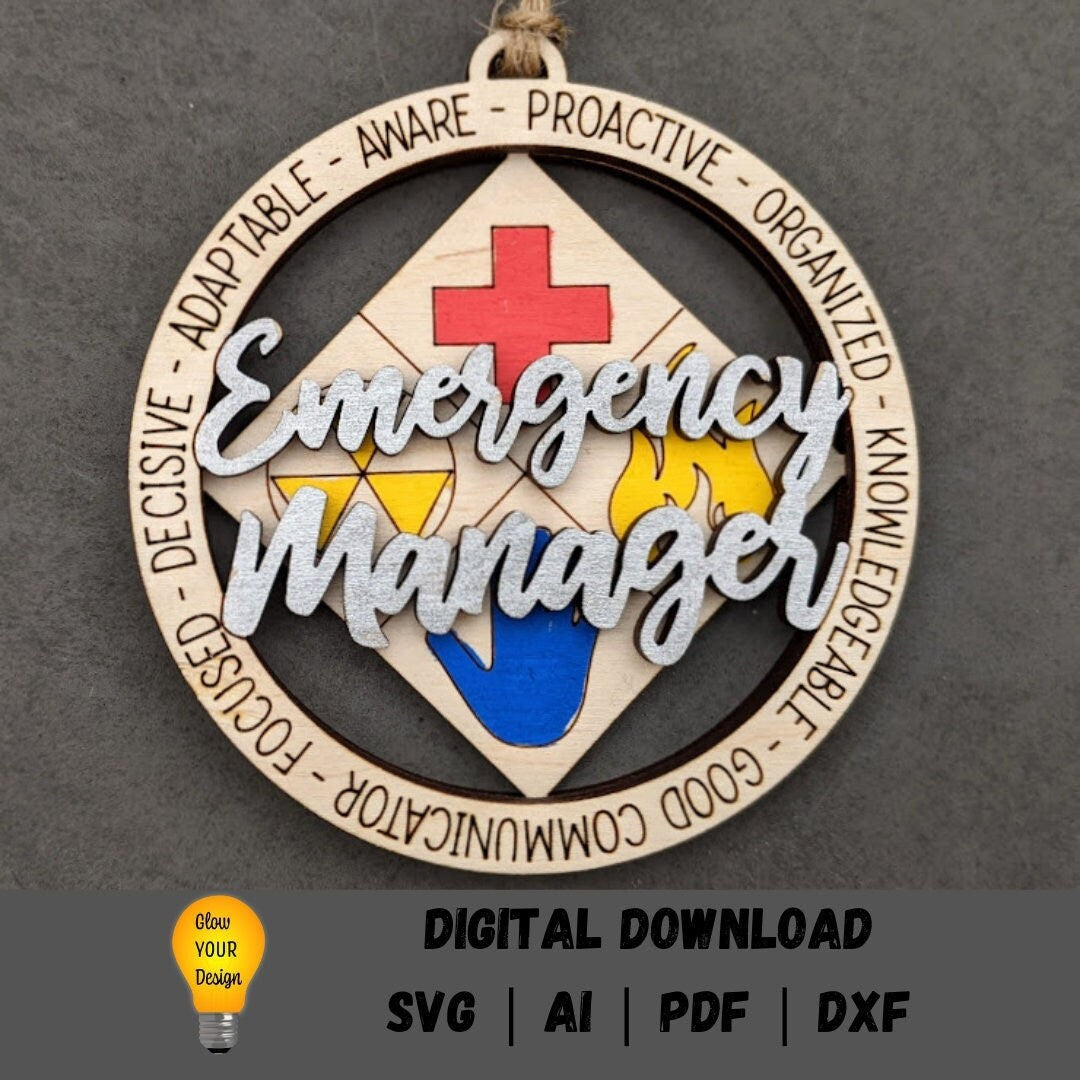 Emergency manager svg, Ornament or car charm digital file, Crisis manager svg, Double layered Cut and score Digital Download for Glowforge