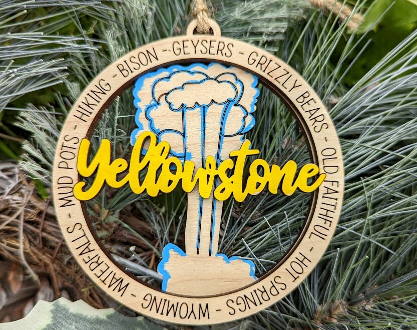 Yellowstone svg - Yellowstone National Park ornament or car charm digital file - Old faithful digital file - Cut and score laser cut file designed for Glowforge