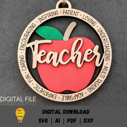 Teacher svg - Ornament or car charm digital file -Teacher Appreciation gift file - Cut and score laser cut file designed for Glowforge