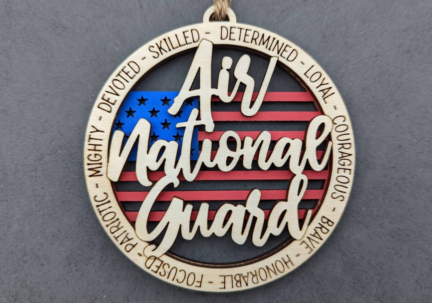 Air National Guard svg, Military svg - Ornament or car charm svg - Double layered military ornament with flag background - Cut and score Digital Download Designed for Glowforge