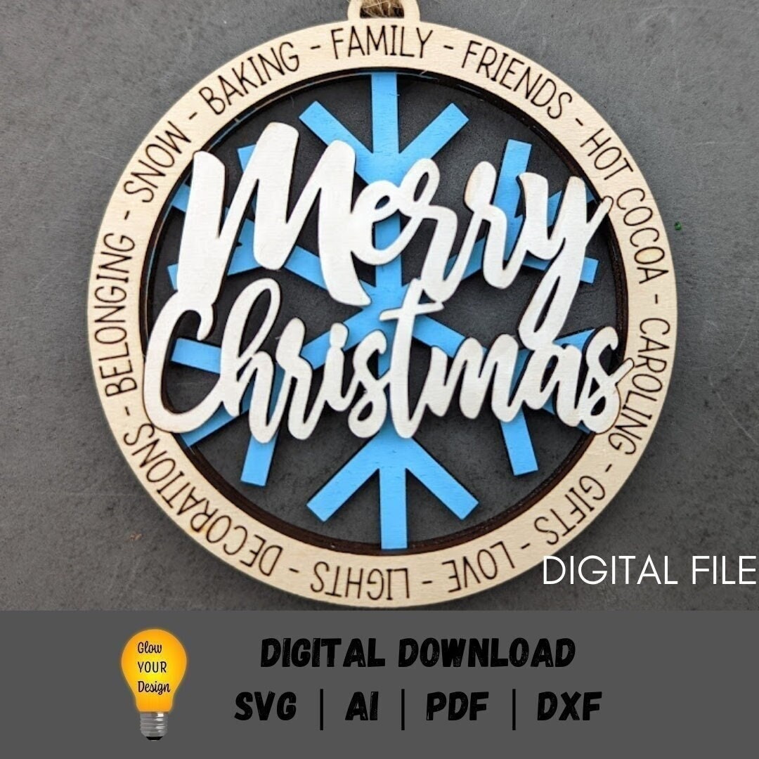 Merry Christmas svg, Snowflake ornament digital file, Winter svg -Cut and score digital download designed for Glowforge