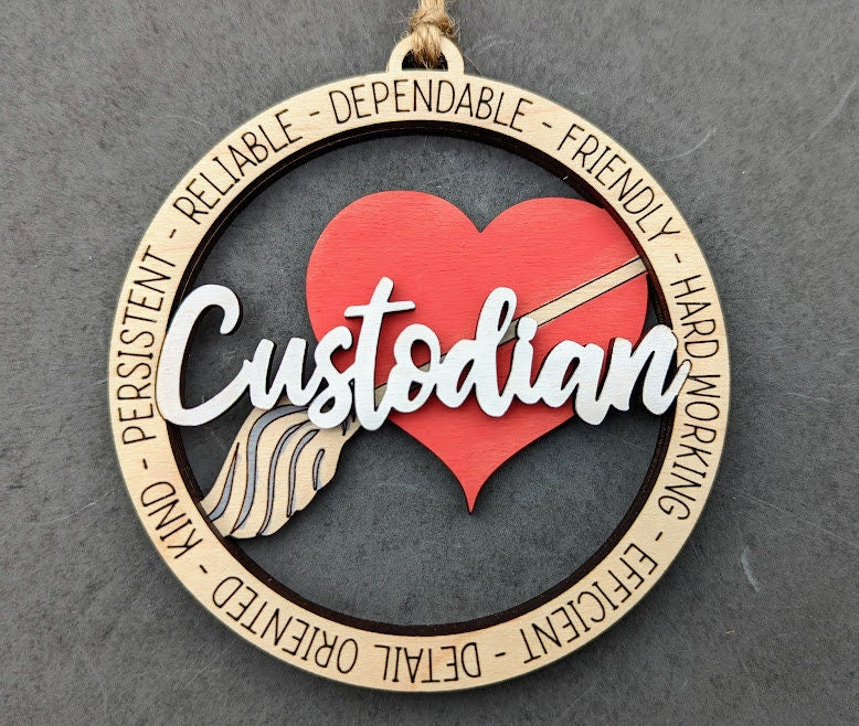 Custodian svg - Ornament or car charm digital download - Gift for school custodian or janitor - cut and score laser cut file designed for Glowforge