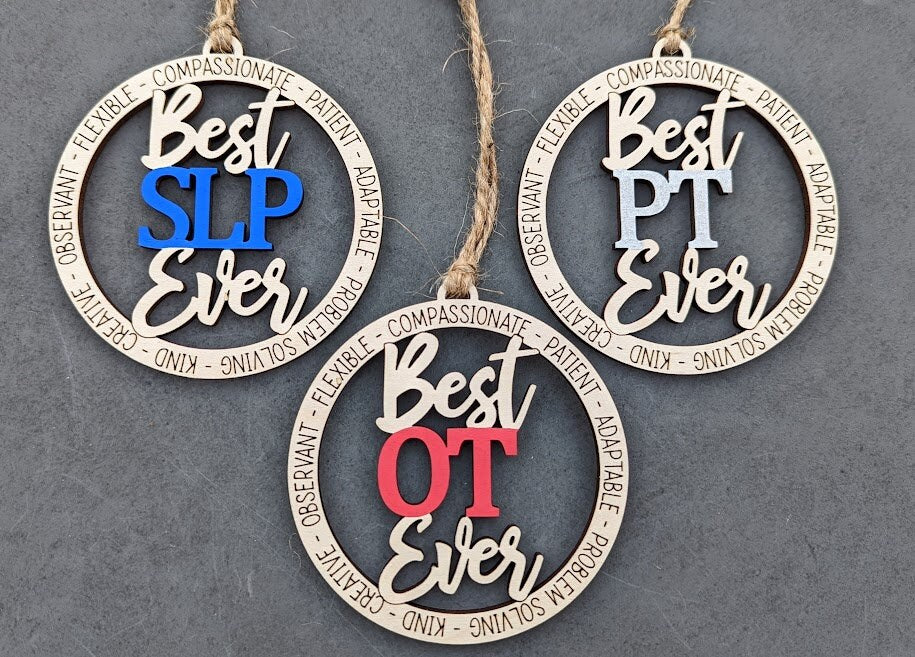 Therapist svg bundle - Ornament or car charm svg - Includes Occupational, Physical, Speech Therapist - Gift for therapist - Cut and Score laser cut file designed for Glowforge