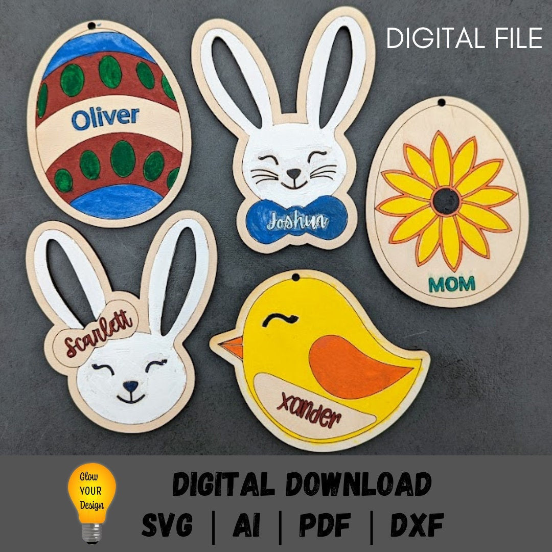 Easter paint kit svg - Cut and score digital cut file including two bunnies, chick, and two eggs - Basket tags svg - Digital download designed for Glowforge