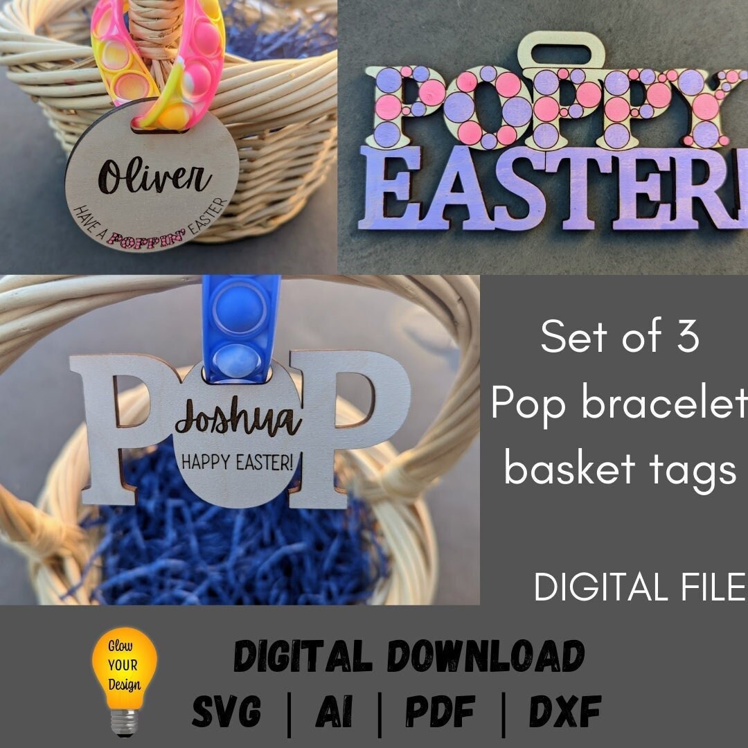 Easter svg - Pop bracelet Easter tag digital file - Set of 3 personalized basket tag svg bundle - Cut and score Glowforge Digital Download