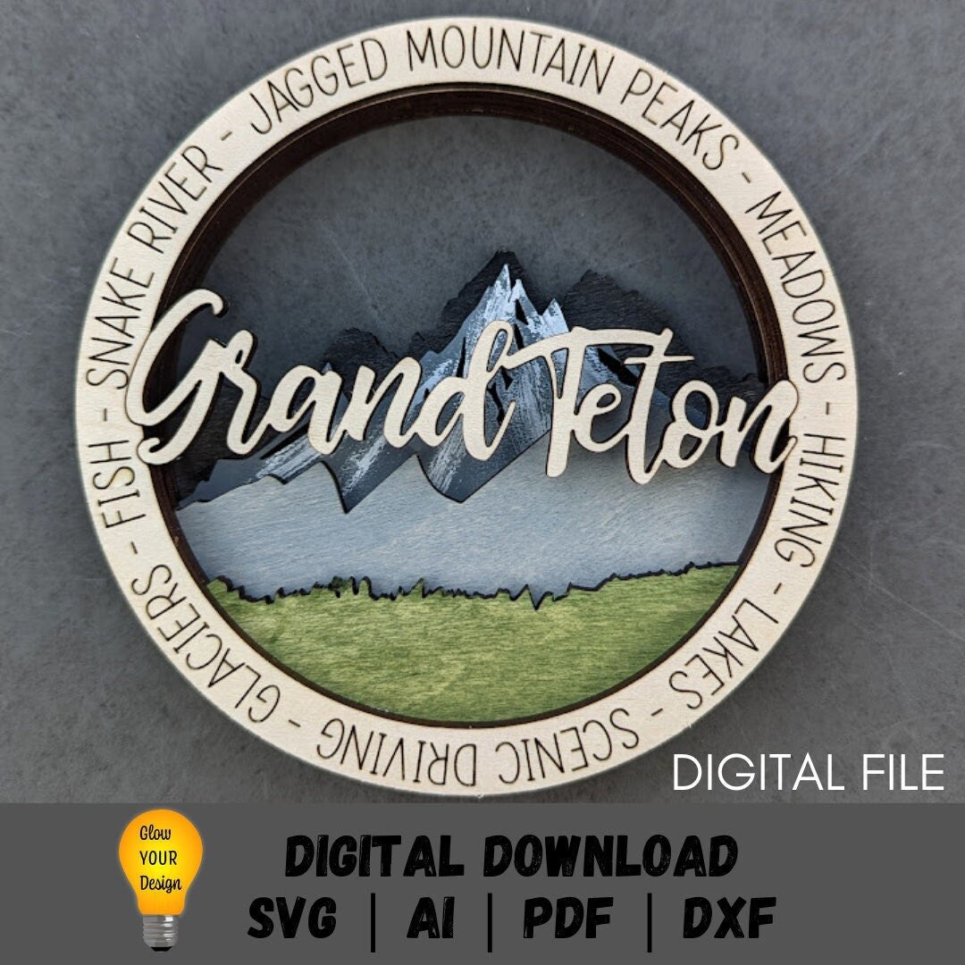 Grand teton svg - National Park wall hanging digital file - Multi layered svg - Laser cut file designed for Glowforge - Cricut and Glowforge ready versions available