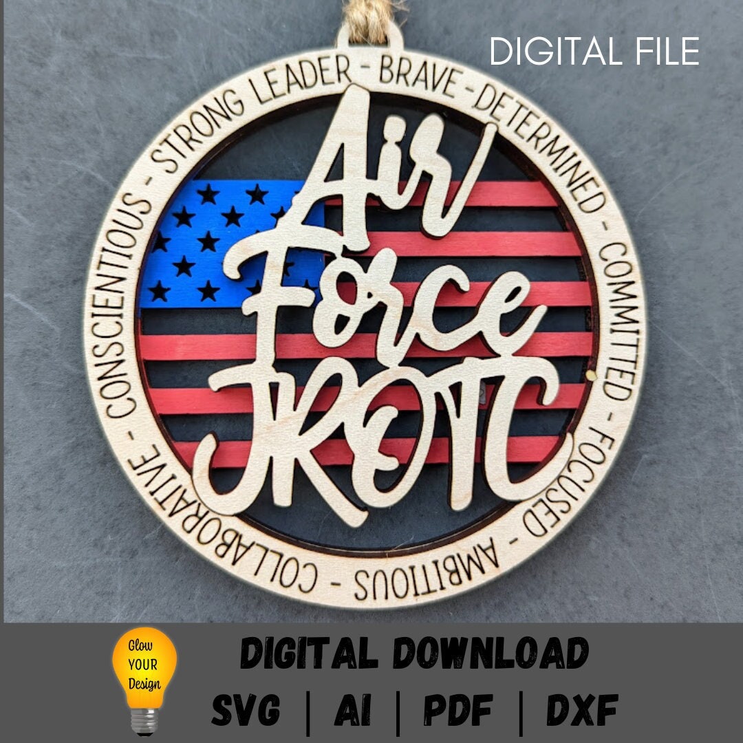 Air force JROTC svg - Ornament or car charm DIGITAL FILE - Double layer svg with flag background - Cut and score Digital Download designed for Glowforge