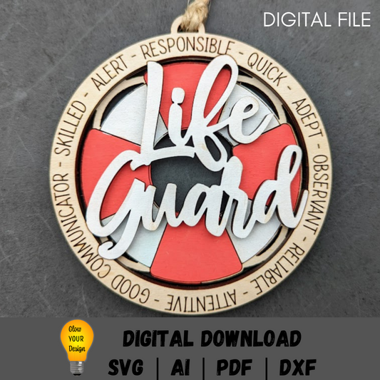 Lifeguard svg - Ornament or Car Charm DIGITAL FILE - Gift for lifeguard, lifesaver, rescuer, pool attendant - Laser cut file designed for Glowforge - Score and cut only