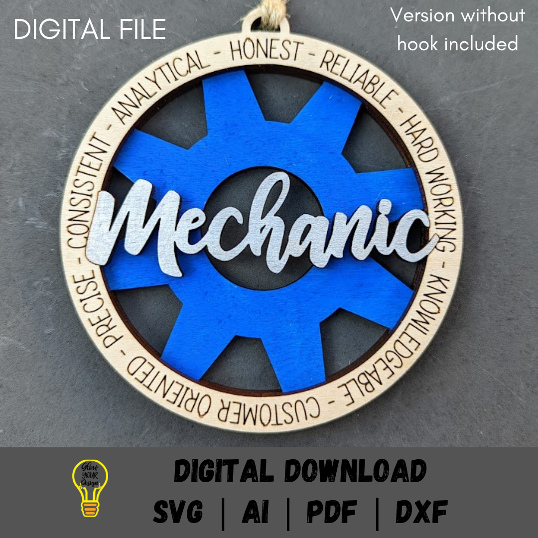Mechanic svg - Car Charm or ornament digital file - Gift for Auto Mechanic - Cut and score laser cut file designed for Glowforge